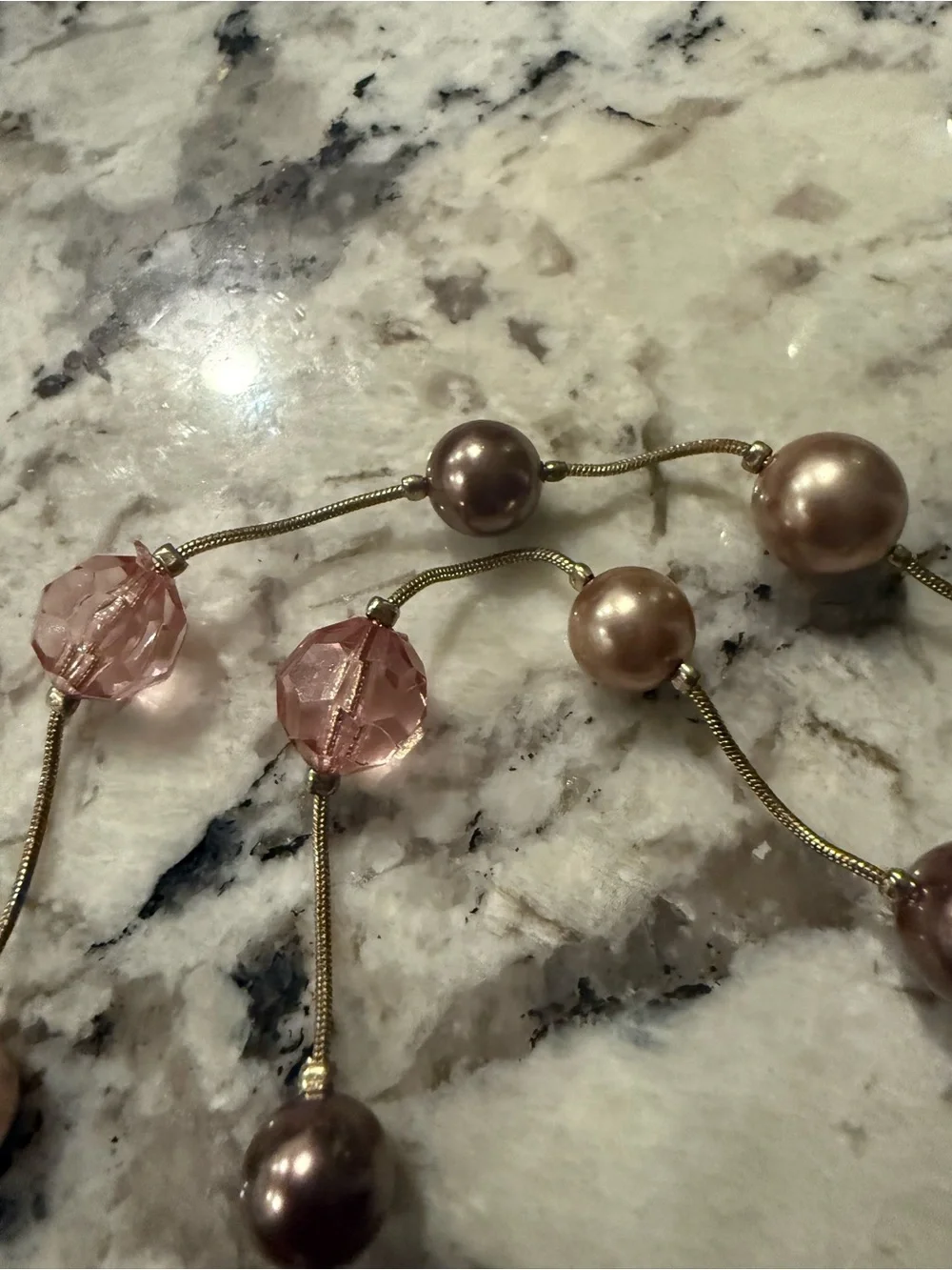Roman Gold Tone Faux Pearl Pink Glass Beaded Necklace Long 36”‎ signed RMN